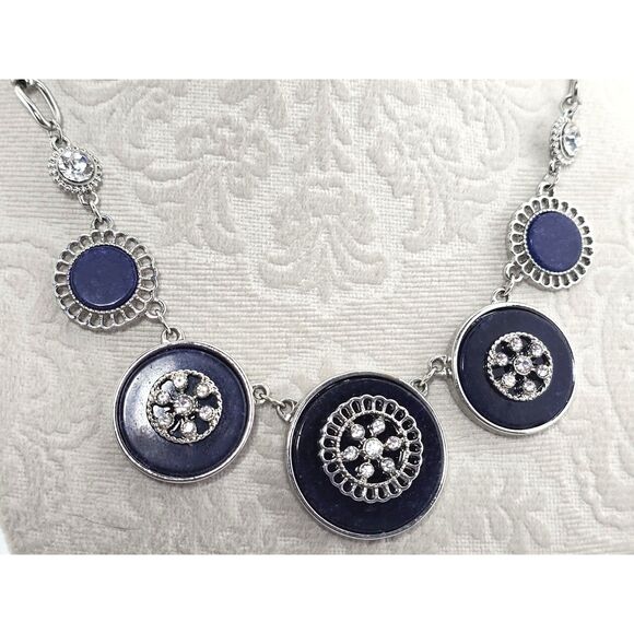 C est.1946 Brand Silver Tone & Blue Necklace 16” Rhinestone Medallions Chain - Picture 3 of 7